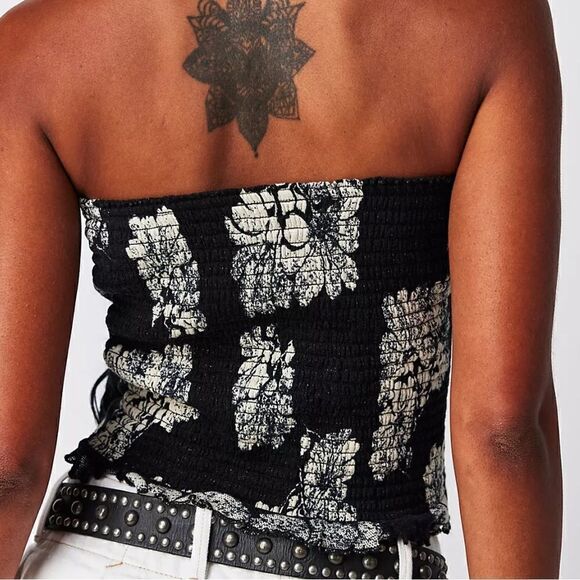 NWOT Free People Poppy Tube Top Black Floral Cropped L Removable Straps Smock - Picture 5 of 15